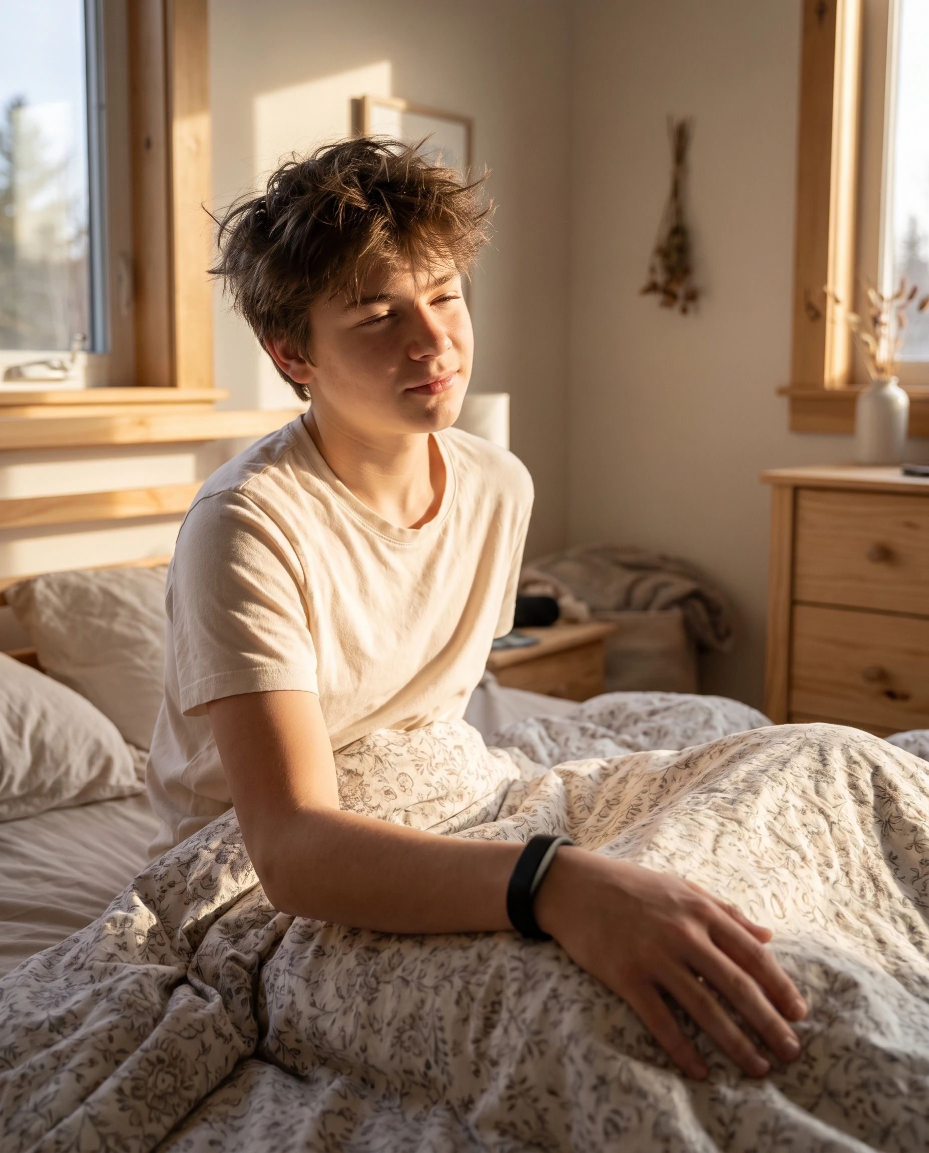 Teen waking up with the Dawn Wake Up Band visible on their wrist