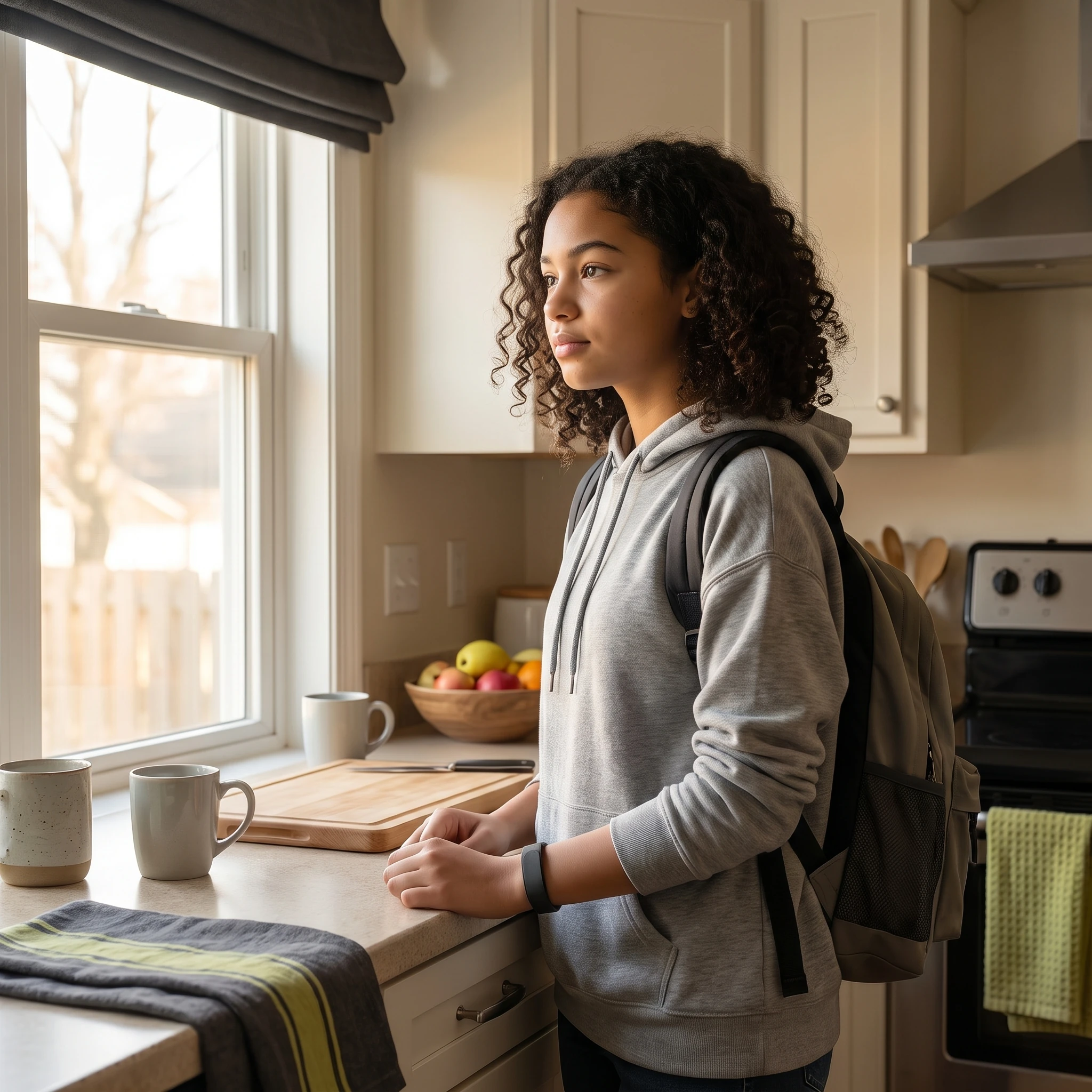 Teen with a backpack, ready for school, wearing the Dawn band