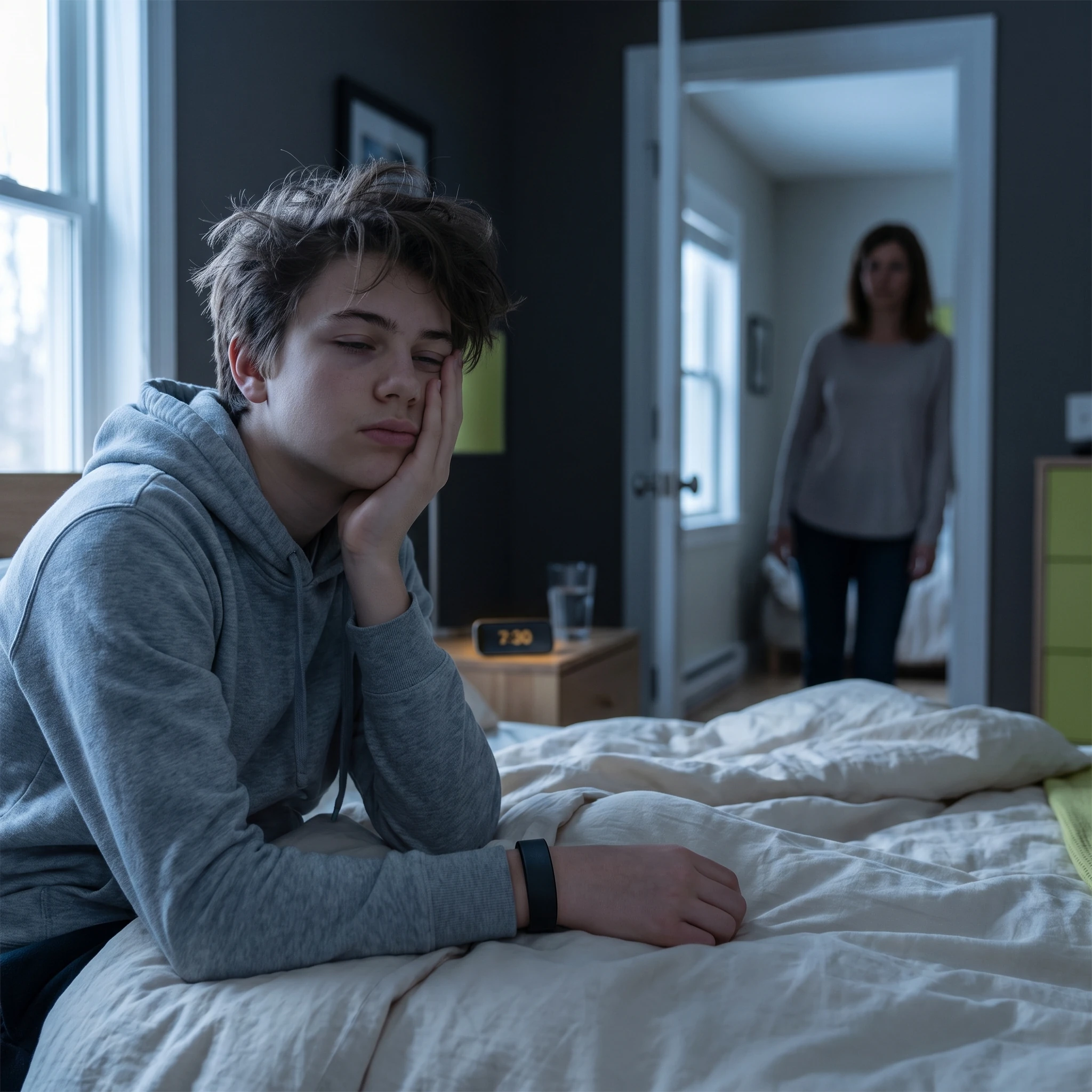 Teen groggy at the edge of the bed in dim early-morning light