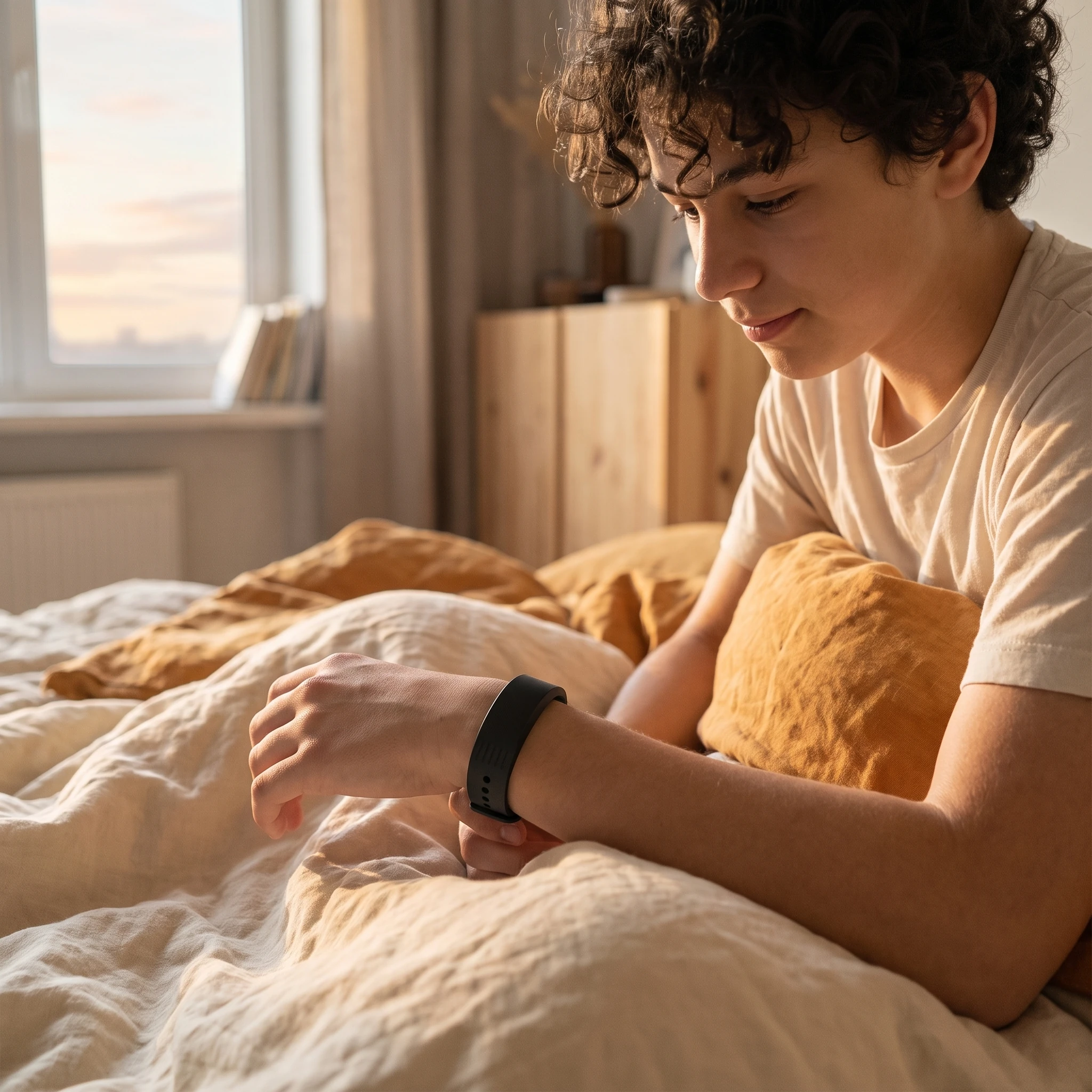 Teen calmly checking the Dawn Wake Up Band on their wrist